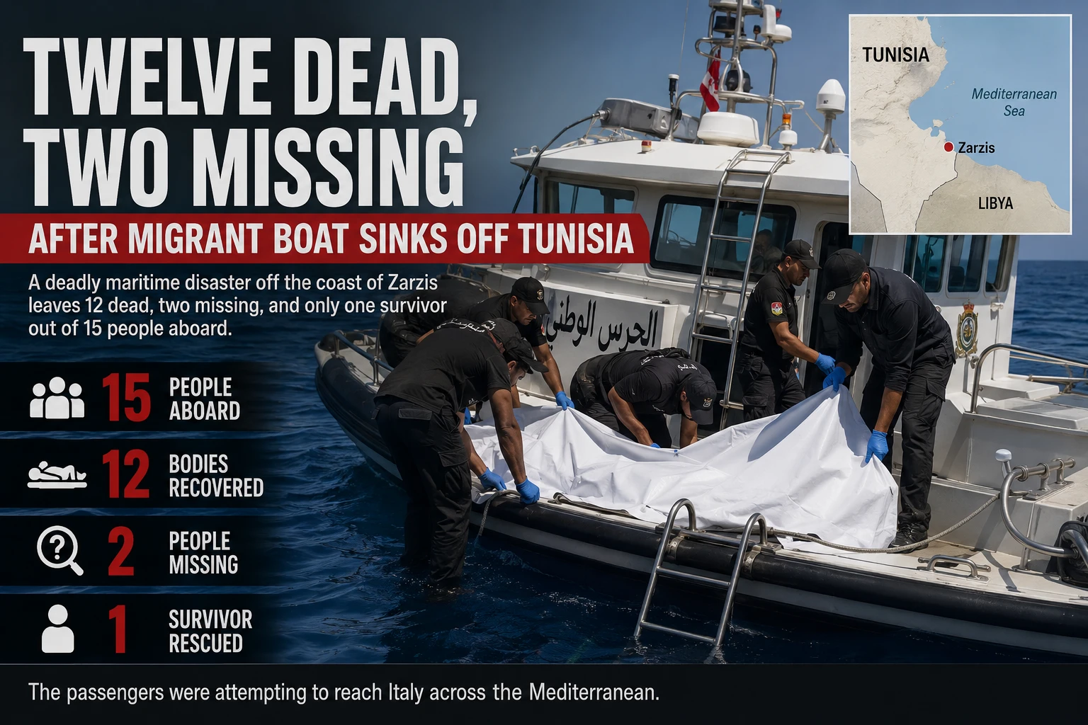 Twelve Dead, Two Missing After Migrant Boat Sinks Off Tunisia